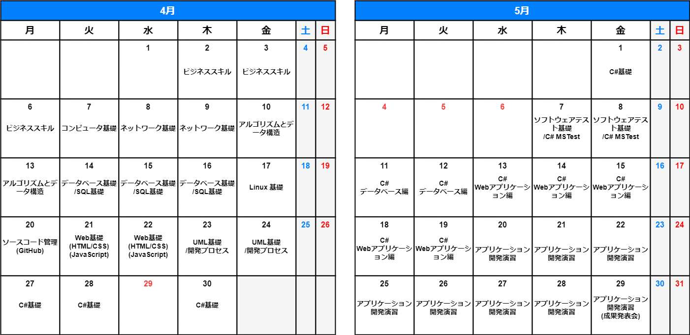 研修カレンダー(4〜5月)